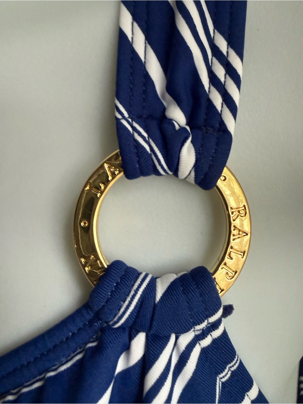 Ralph Lauren Nautical One-Shoulder Swimsuit Blue White Striped Gold Logo Ring - Picture 4 of 5